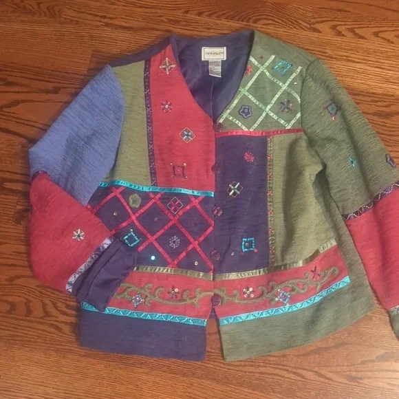Vtg 90s patchwork Boho embellished Sage/ Fuschia/ button front boxy jacket sz M - Picture 5 of 13